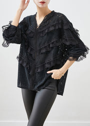 Stylish Black Ruffled Patchwork Lace Blouses Fall