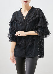 Stylish Black Ruffled Patchwork Lace Blouses Fall