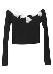 Stilvolles schwarzes Langarm-Oberteil aus Baumwolle mit Slash-Neck-Schleife