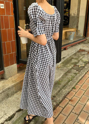 Stylish Black Square Collar Plaid Patchwork Cotton Dress Summer