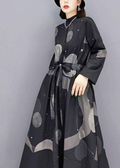 Stylish Black Stand Button Dresses Fall Long Sleeve - SooLinen