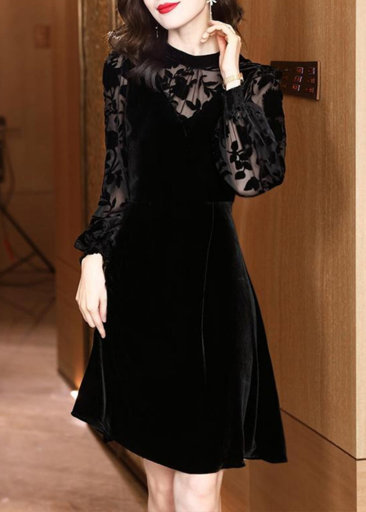 Stylish Black Stand Collar Hollow Out Patchwork Velour Mid Dress Fall