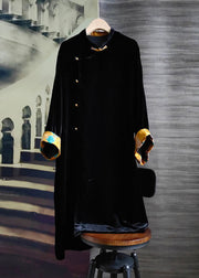 Stylish Black Stand Collar Patchwork Silk Velour Dress Spring
