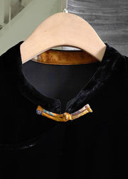 Stylish Black Stand Collar Patchwork Silk Velour Dress Spring