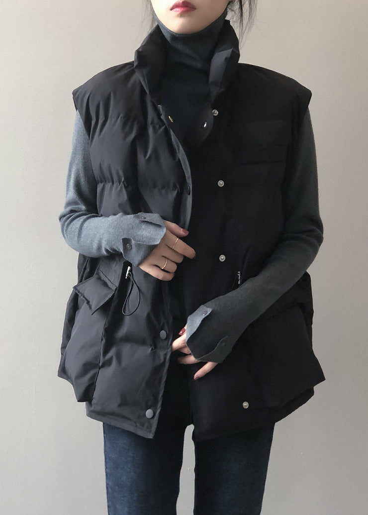 Stylish Black Stand Collar Pockets Regular Winter down vest