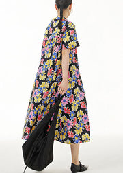 Stylish Black Stand Collar Print Patchwork Cotton Dresses Summer