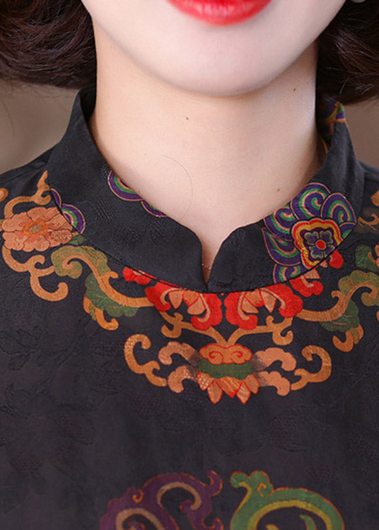 Stylish Black Stand Collar Print Silk Top Batwing Sleeve