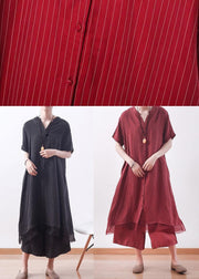 Stylish Black Striped Silk Button Summer Two Pieces Set - SooLinen