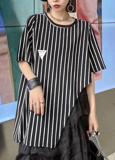 Stylish Black Striped Summer asymmetrical design Short Sleeve Tops - SooLinen