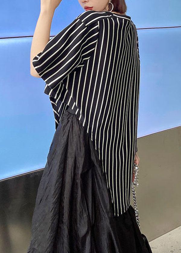 Stylish Black Striped Summer asymmetrical design Short Sleeve Tops - SooLinen