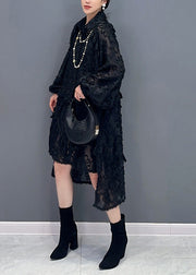 Stylish Black Tasseled Low High Design Patchwork Tulle Dress Fall
