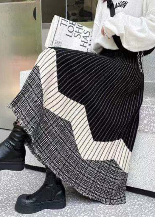 Stylish Black Tasseled Patchwork Knit Skirt Winter