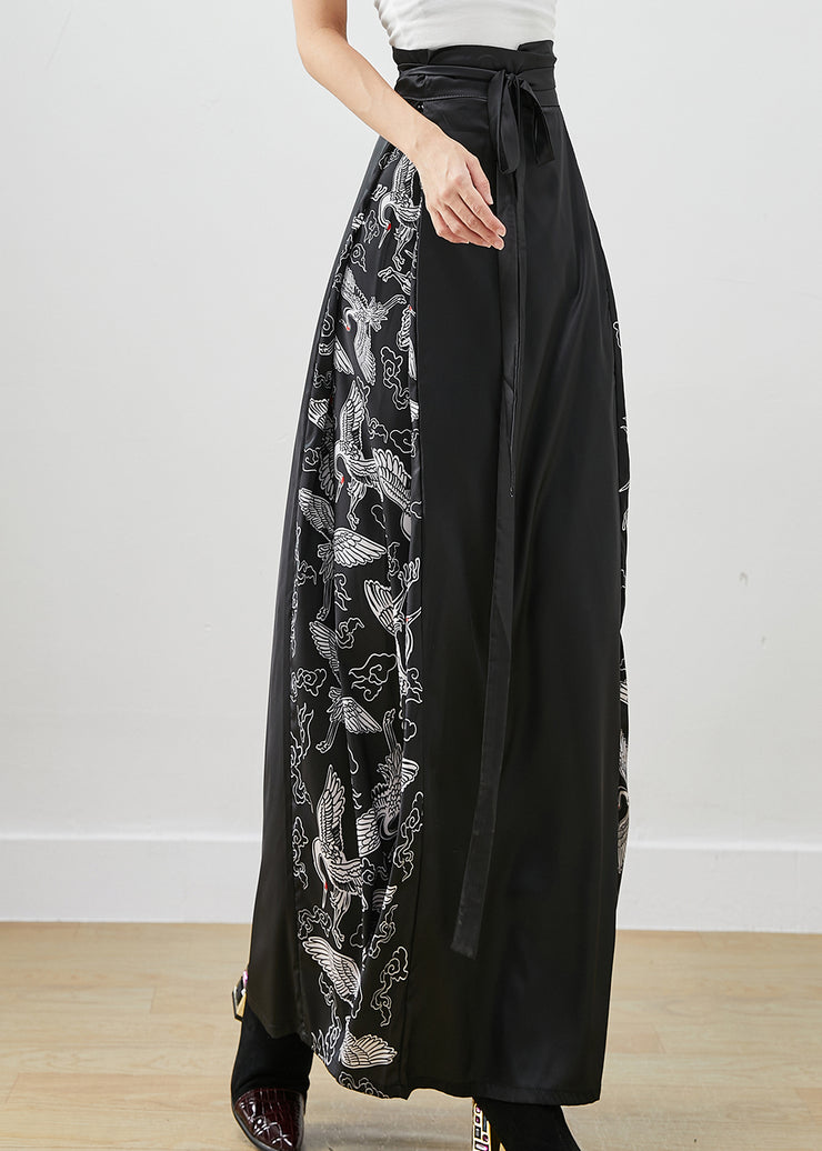 Stylish Black Tie Waist Patchwork Silk A Line Skirts Fall