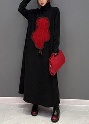 Stylish Black Turtle Neck Applique Thick Knit Long Dress Winter