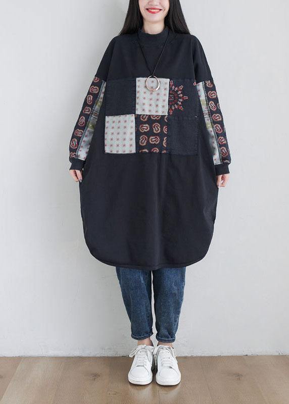 Stylish Black Turtleneck Print Loose Fall Floral Sweatshirts Dress - SooLinen