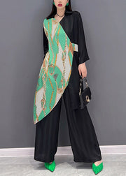 Stylish Black V Neck Asymmetrical Patchwork Chiffon Tops And wide leg pants Two Pieces Set Spring