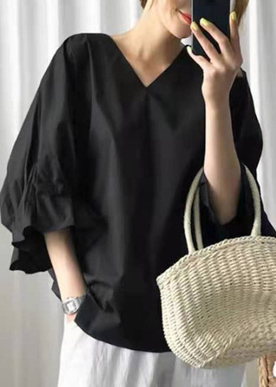 Stylish Black V Neck Cotton Shirt Lantern Sleeve