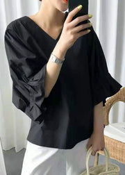 Stylish Black V Neck Cotton Shirt Lantern Sleeve
