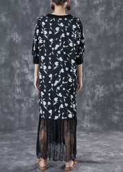 Stylish Black V Neck Lace Patchwork Print Chiffon Dresses Summer