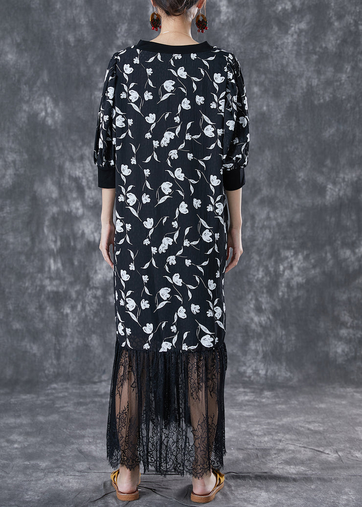 Stylish Black V Neck Lace Patchwork Print Chiffon Dresses Summer