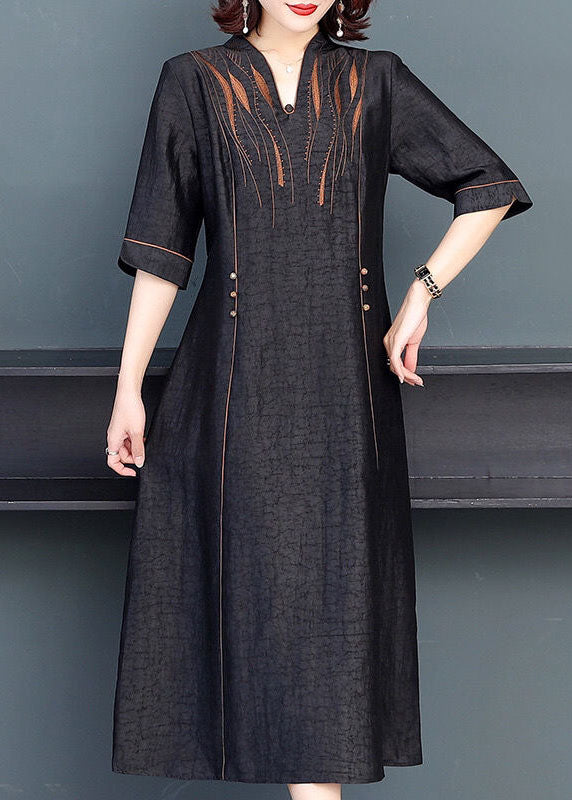 Stylish Black V Neck Patchwork Embroidered Silk Maxi Dresses Summer