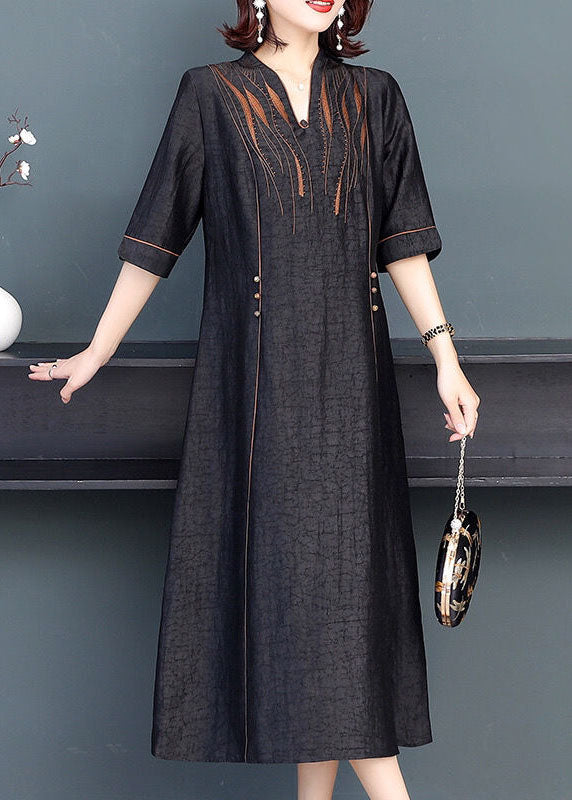 Stylish Black V Neck Patchwork Embroidered Silk Maxi Dresses Summer