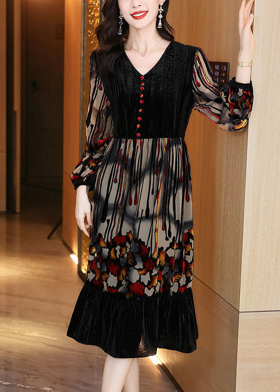 Stylish Black V Neck Patchwork Print Exra Large Hem Silk Velour Dress Spring