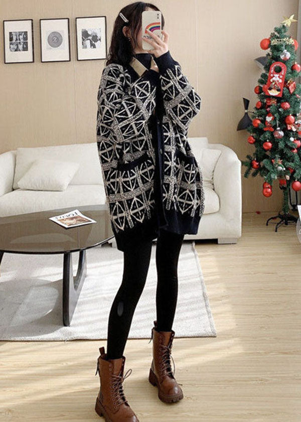 Stylish Black V Neck Print Cozy Knit Loose Cardigan Winter