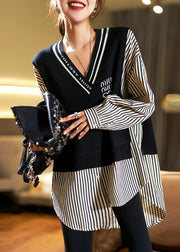 Stylish Black V Neck Striped Knit Patchwork Low High Design Tops Fall