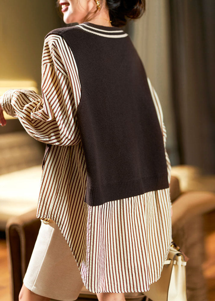 Stylish Black V Neck Striped Knit Patchwork Low High Design Tops Fall