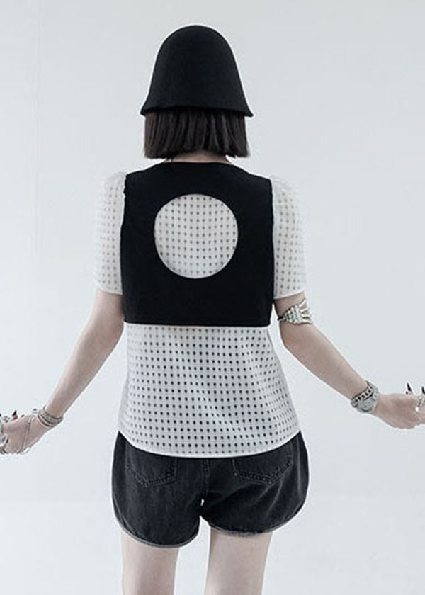 Stylish Black White Square Collar Hollow Out Patchwork Fake Two Pieces Tops Short Sleeve