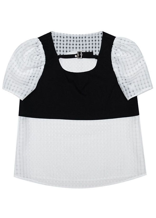 Stylish Black White Square Collar Hollow Out Patchwork Fake Two Pieces Tops Short Sleeve