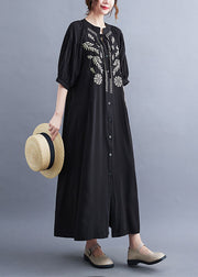 Stylish Black Wrinkled Embroidered Button Shirt Dresses Short Sleeve