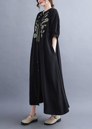 Stylish Black Wrinkled Embroidered Button Shirt Dresses Short Sleeve