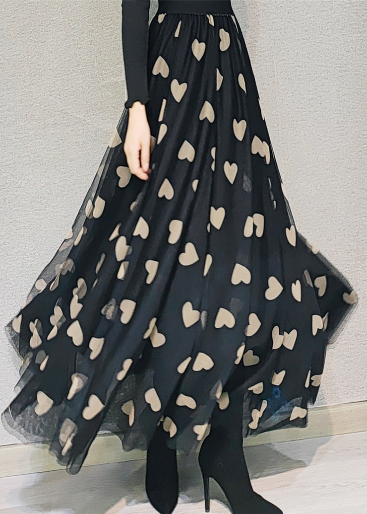 Stylish Black Wrinkled Heart Print High Waist Tulle Skirt Spring