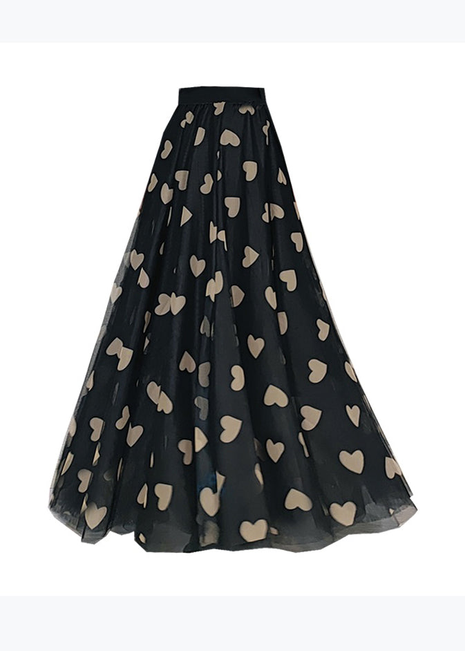 Stylish Black Wrinkled Heart Print High Waist Tulle Skirt Spring