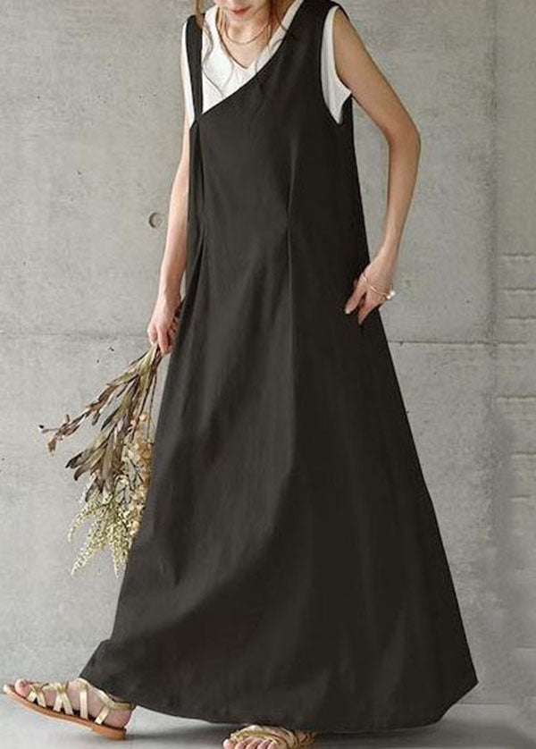 Stylish Black Wrinkled Patchwork Spaghetti Strap Linen Dress Spring