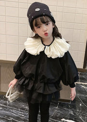 Stylish Black Wrinkled Tulle Patchwork Cotton Girls Coats Puff Sleeve