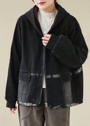 Stilvolle schwarze Taschen mit Reißverschluss, Patchwork, warme Fleece-Baumwoll-Denim-Kapuzenmäntel mit langen Ärmeln