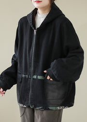 Stylish Black Zippered Pockets Patchwork Warm Fleece Cotton Denim Hooded Coats Long Sleeve