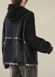 Stilvolle schwarze Taschen mit Reißverschluss, Patchwork, warme Fleece-Baumwoll-Denim-Kapuzenmäntel mit langen Ärmeln
