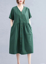 Stylish Blackish Green V Neck Button Pockets Cotton Long Dress Short Sleeve