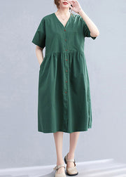 Stylish Blackish Green V Neck Button Pockets Cotton Long Dress Short Sleeve