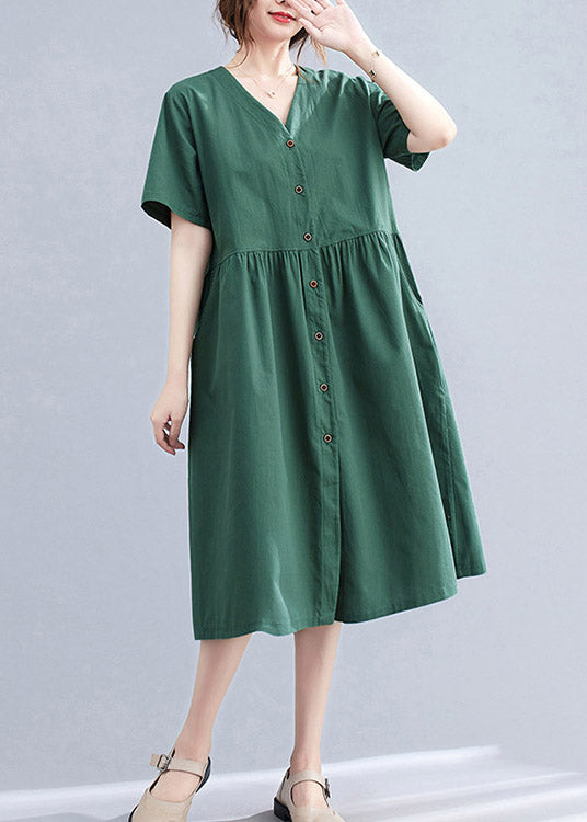 Stilvolles schwarzgrünes V-Ausschnitt Knopftaschen Baumwolle langes Kleid mit kurzen Ärmeln