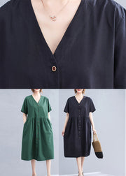 Stilvolles schwarzgrünes V-Ausschnitt Knopftaschen Baumwolle langes Kleid mit kurzen Ärmeln
