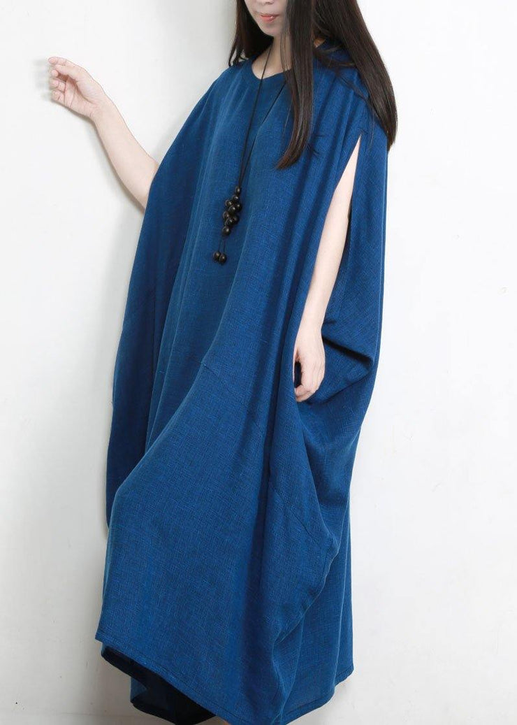 Stylish Blue Batwing Sleeve O Neck Linen Dresses - SooLinen