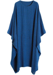 Stylish Blue Batwing Sleeve O Neck Linen Dresses - SooLinen