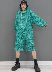 Stylish Blue Drawstring Hooded Leopard Print Cotton Two Pieces Set Long Sleeve