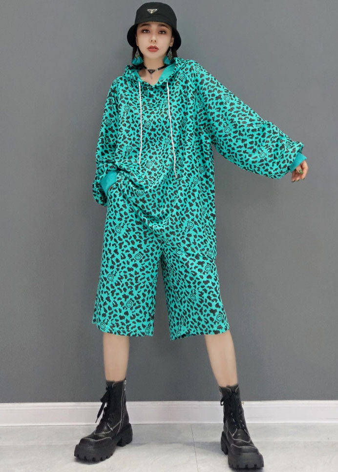 Stylish Blue Drawstring Hooded Leopard Print Cotton Two Pieces Set Long Sleeve