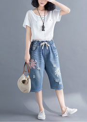 Stylish Blue Embroidered Denim Ripped Jeans Summer